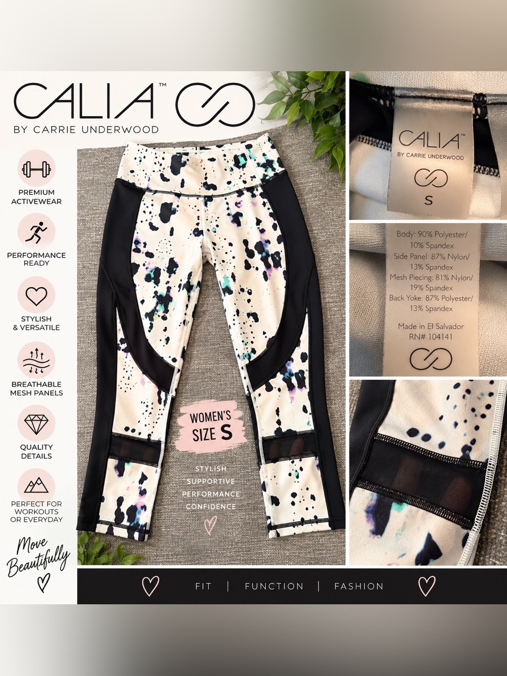 CALIA by Carrie Underwood Women’s S Printed Mesh Panel Leggings Black White Acti